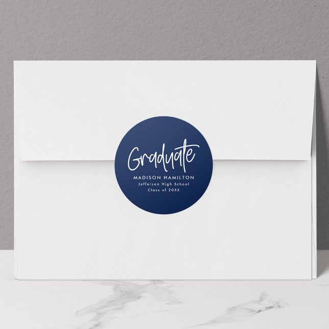 Modern Preppy Script Navy Graduation Classic Round Sticker (Creator Uploaded)