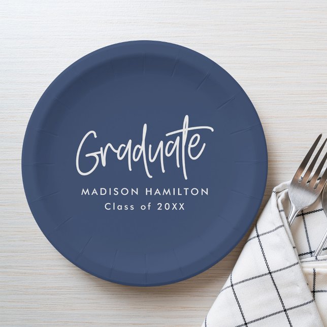 Modern Preppy Script Navy Graduation Paper Plates (Creator Uploaded)
