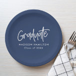 Modern Preppy Script Navy Graduation Paper Plates<br><div class="desc">Add a special touch to your graduation party with personalized graduation paper plates! The paper plates display "Graduate" in a white handwritten script with a navy background or color of your choice. Personalize the navy graduation plates by adding the graduate's name and graduation year.</div>
