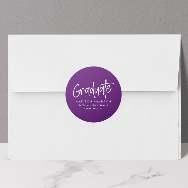 Modern Preppy Script Purple Graduation Classic Round Sticker (Creator Uploaded)