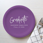 Modern Preppy Script Purple Graduation Paper Plates<br><div class="desc">Add a special touch to your graduation party with personalized graduation paper plates! The paper plates display "Graduate" in a white handwritten script with a purple background or color of your choice. Personalize the purple graduation plates by adding the graduate's name and graduation year.</div>