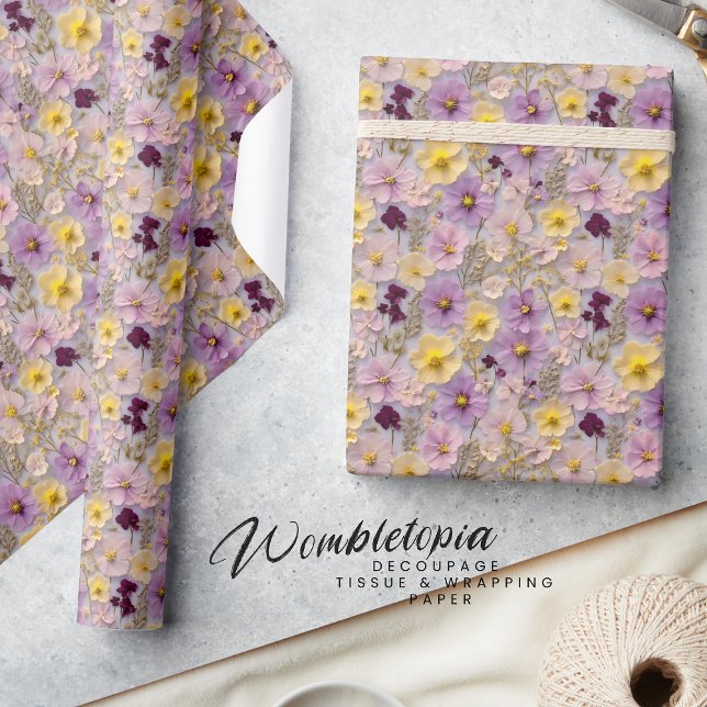 Modern Pressed 3D Wildflower Yellow and Purple  Wrapping Paper (Creator Uploaded)