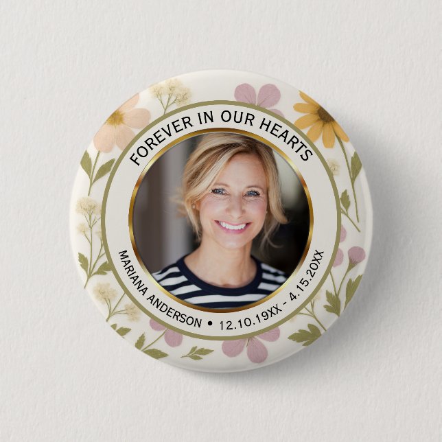 Modern Pressed Flowers Memorial Photo Button (Front)
