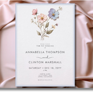 Modern Pressed Pastel Wildflowers Blue Wedding Invitation