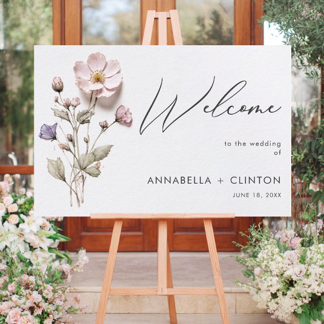 Modern Pressed Pastel Wildflowers Wedding Welcome Foam Board (Modern Pressed Pastel Wildflowers Wedding Welcome Sign)