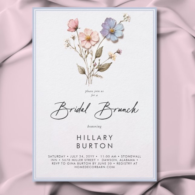 Modern Pressed Wildflowers Blue Bridal Brunch Invitation (Creator Uploaded)