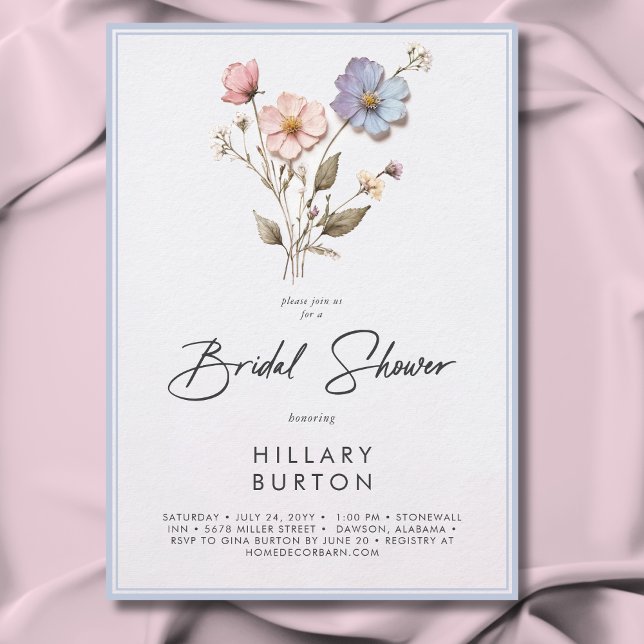 Modern Pressed Wildflowers Blue Bridal Shower Invitation (Modern Pressed Wildflowers Blue Bridal Shower Invitation)