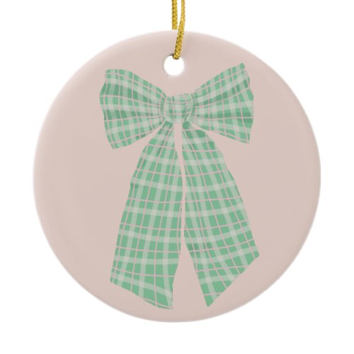 Modern Pretty Blush Gingham Romantic Coquette Bow Ceramic Ornament