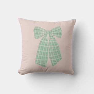 Modern Pretty Blush Gingham Romantic Coquette Bow Throw Pillow