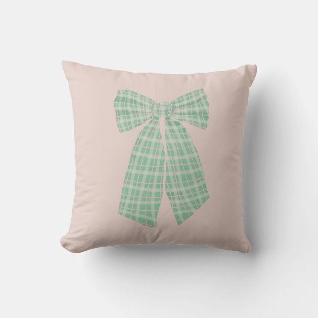 Modern Pretty Blush Gingham Romantic Coquette Bow Throw Pillow (Front)