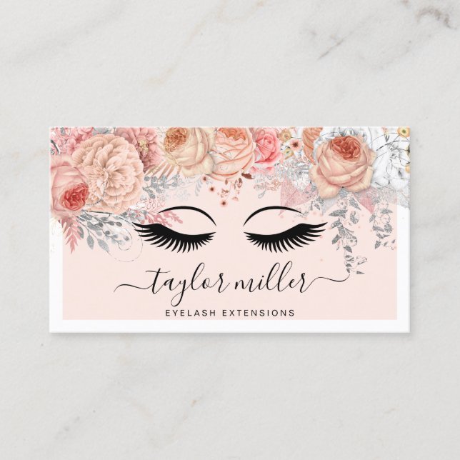 Modern pretty blush pink floral eyelash extensions business card (Front)
