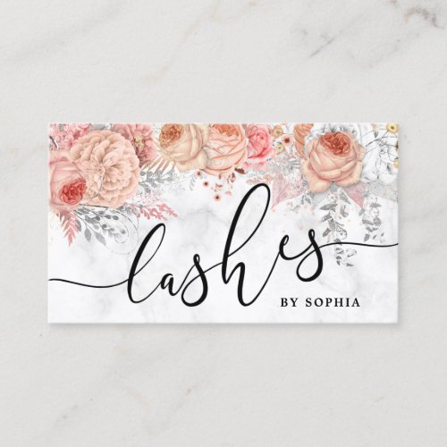 Modern pretty blush pink floral marble lashes business card