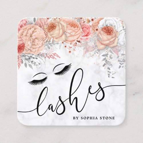 Modern pretty blush pink floral marble lashes square business card