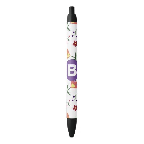 Modern Pretty Colorful Floral Purple Monogram Black Ink Pen