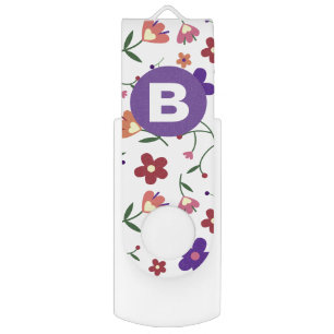 Modern Pretty Colorful Floral Purple Monogram Flash Drive