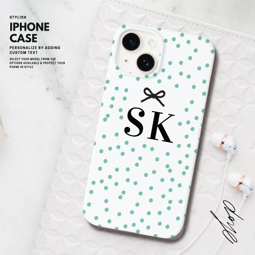 Modern Pretty Cute Green Polka Dot Bow Monogram Case_Mate iPhone 14 Case
