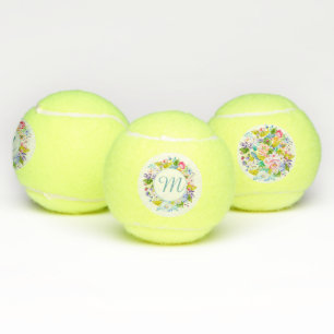 Modern Pretty Floral Monogram Play In Style Tennis Balls