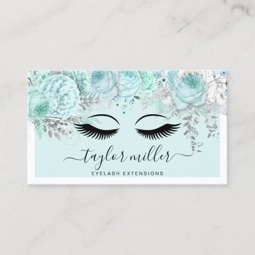 Modern pretty mint floral eyelash extensions business card