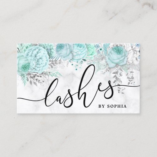 Modern pretty mint floral white marble lashes business card
