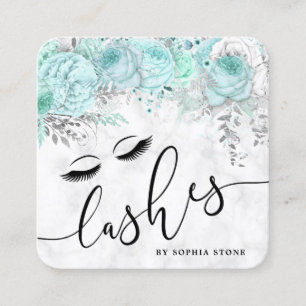 Modern pretty mint floral white marble lashes square business card