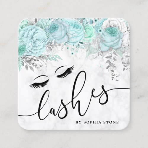 Modern pretty mint floral white marble lashes square business card