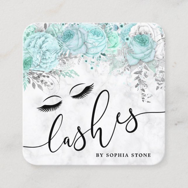 Modern pretty mint floral white marble lashes square business card (Front)