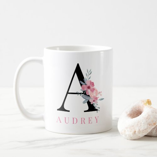 Modern pretty pink coral floral girly monogram coffee mug