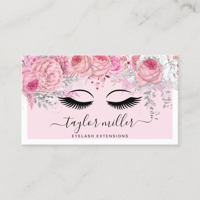 Modern pretty pink floral eyelash extensions business card (Front)