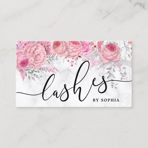 Modern pretty pink floral white marble lashes business card