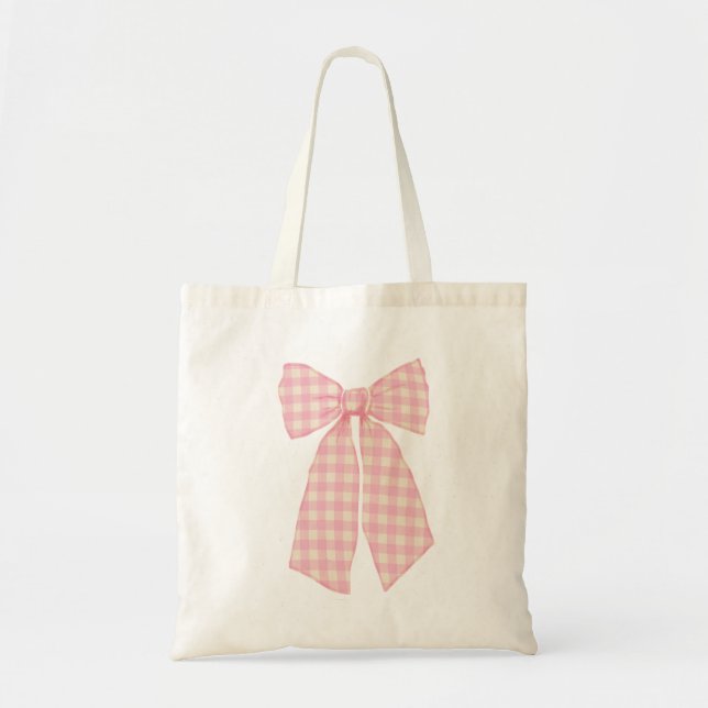 Modern Pretty Pink Gingham Romantic Coquette Bow Tote Bag (Front)