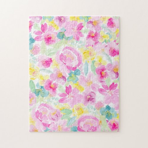 Modern pretty pink loose floral watercolor pattern jigsaw puzzle