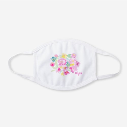 Modern pretty pink loose floral watercolor pattern white cotton face mask