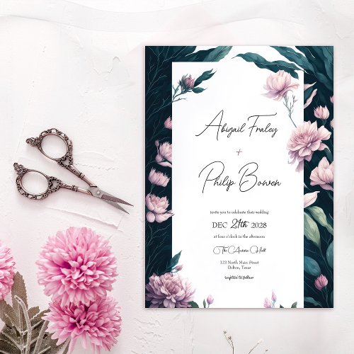Modern Pretty Pink Peony Emerald Leaves Wedding Invitation