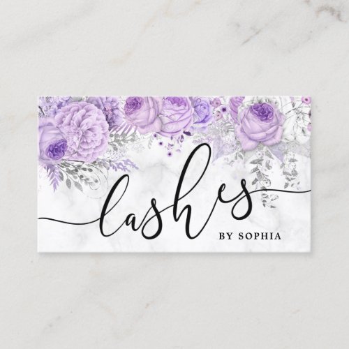 Modern pretty purple floral white marble lashes business card
