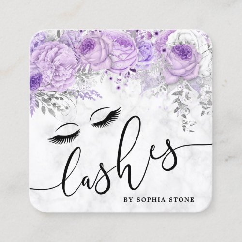 Modern pretty purple floral white marble lashes square business card