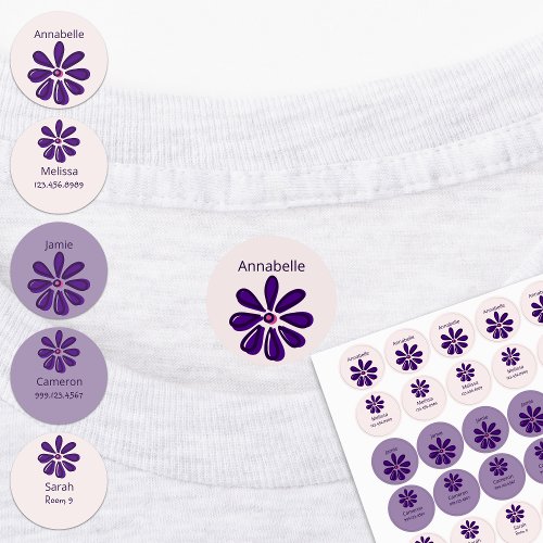 Modern Pretty Purple Flower Name Phone Number  Kids Labels