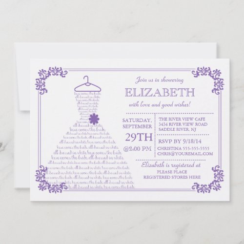 Modern Pretty Purple Wedding Dress Bridal Shower Personalized Invitations