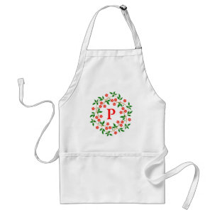 Modern Pretty Red Floral White Monogrammed Adult Apron