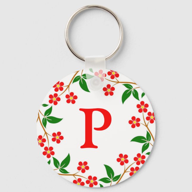 Modern Pretty Red Floral White Monogrammed Keychain (Front)