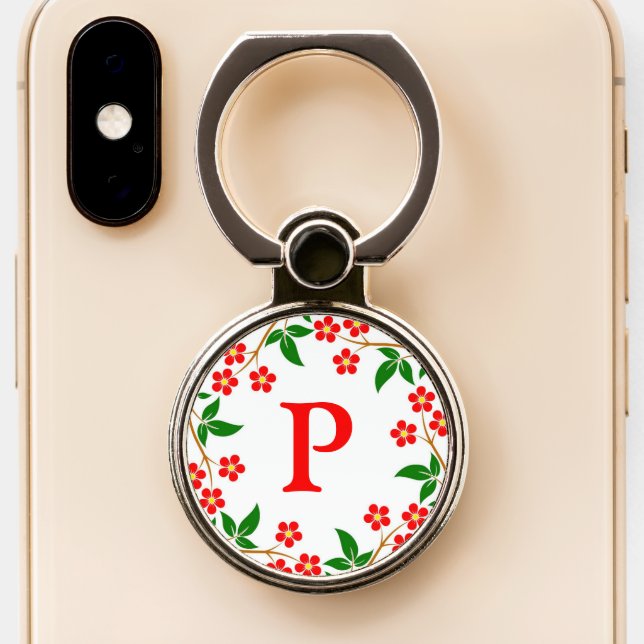 Modern Pretty Red Floral White Monogrammed Phone Ring Stand (Close Up)