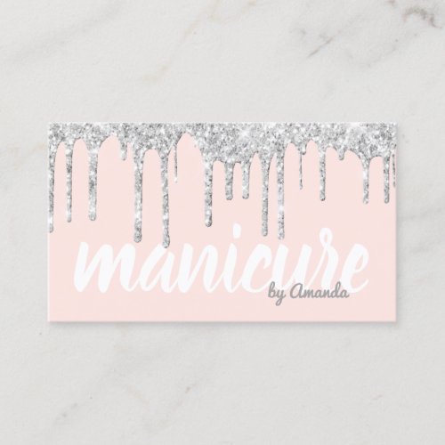 Modern pretty silver glitter drips manicure business card