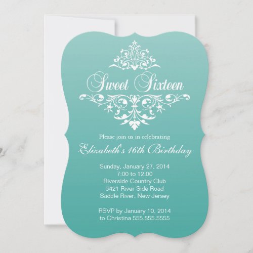 Modern Pretty Teal Sweet Sixteen Birthday Party Announcements