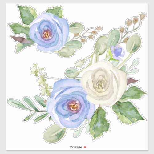 Modern Pretty Watercolor Sky Blue Roses Floral Sticker