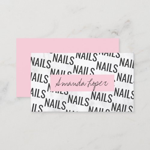 Modern pretty white marble black  pink nails business card