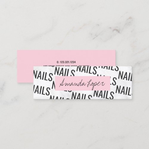 Modern pretty white marble black  pink nails mini business card