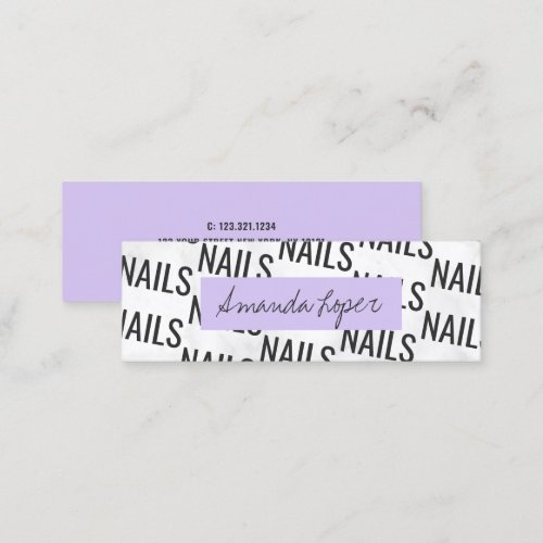 Modern pretty white marble black purple nails mini mini business card