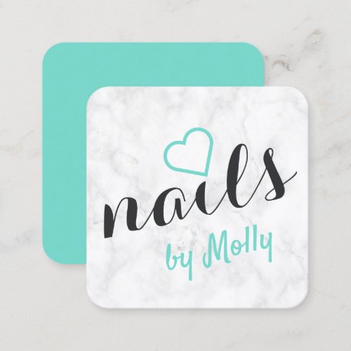 Modern pretty white marble mint black nails square business card