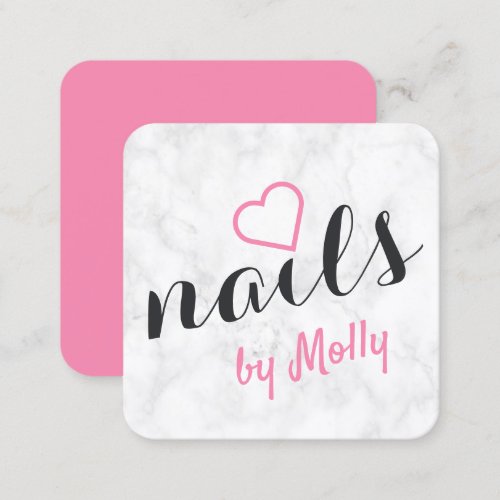 Modern pretty white marble pink black nails square business card