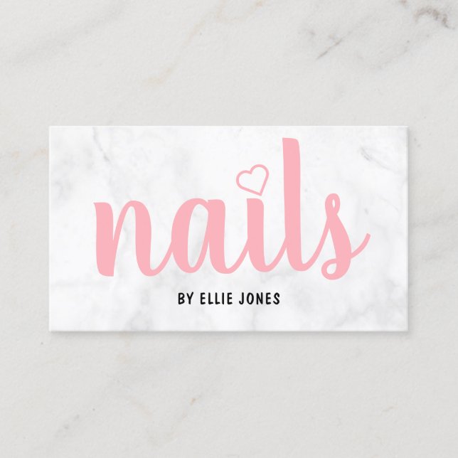 Modern pretty white marble & pink nails business card (Front)