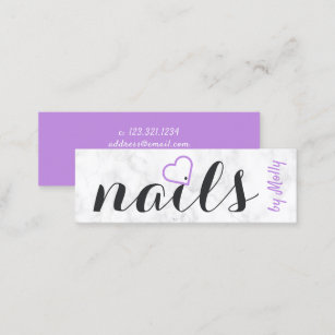 Modern pretty white marble purple black nails mini business card